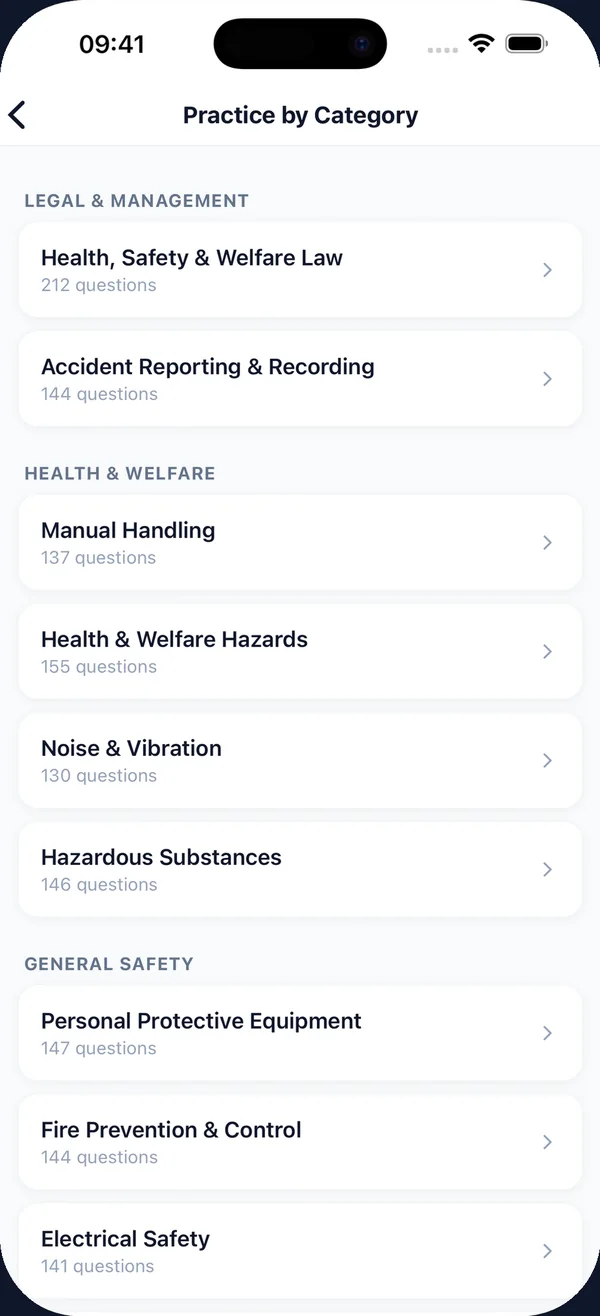 The app's Practice by Category screen listing topics such as Manual Handling, Noise & Vibration and Fire Prevention