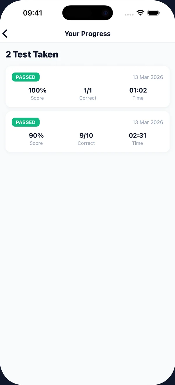 The app's Your Progress screen listing passed tests with scores and times