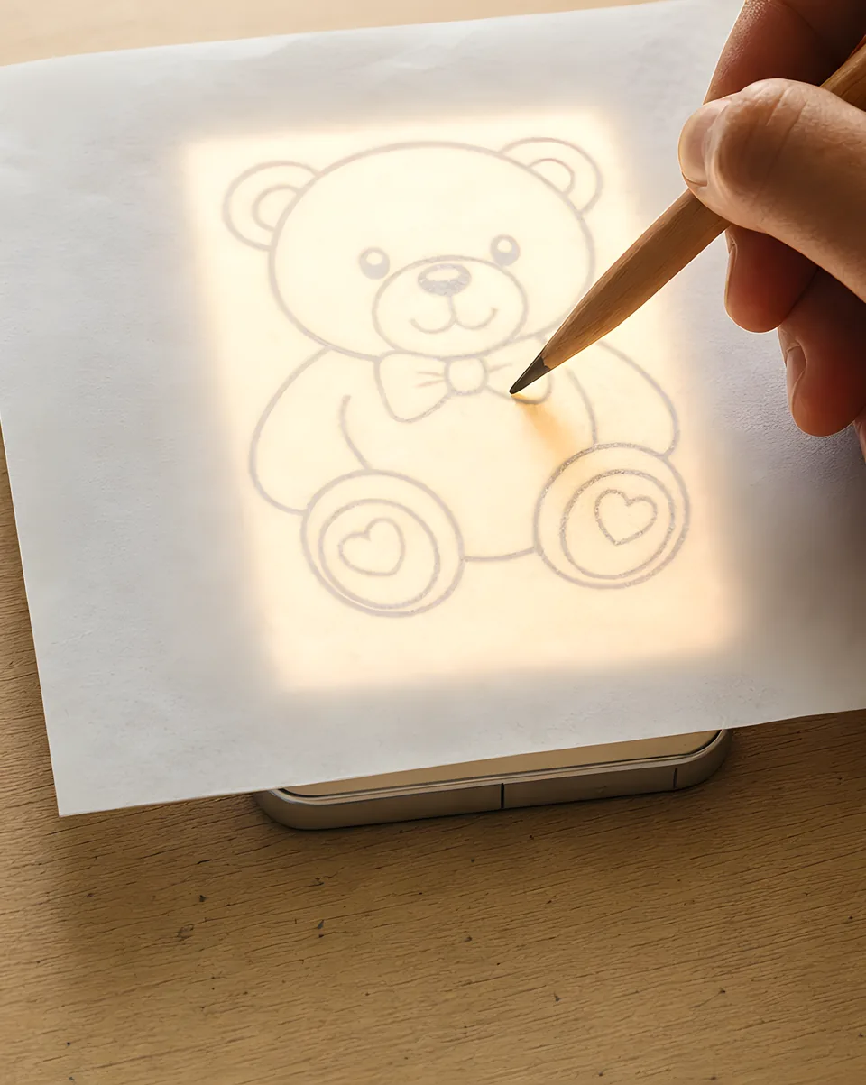 A hand tracing a teddy bear onto paper laid over a glowing phone screen