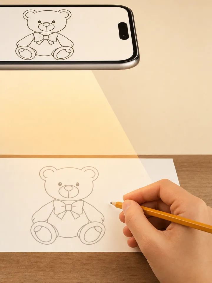 A phone held above a sheet of paper while a hand traces the teddy bear outline anchored to the page