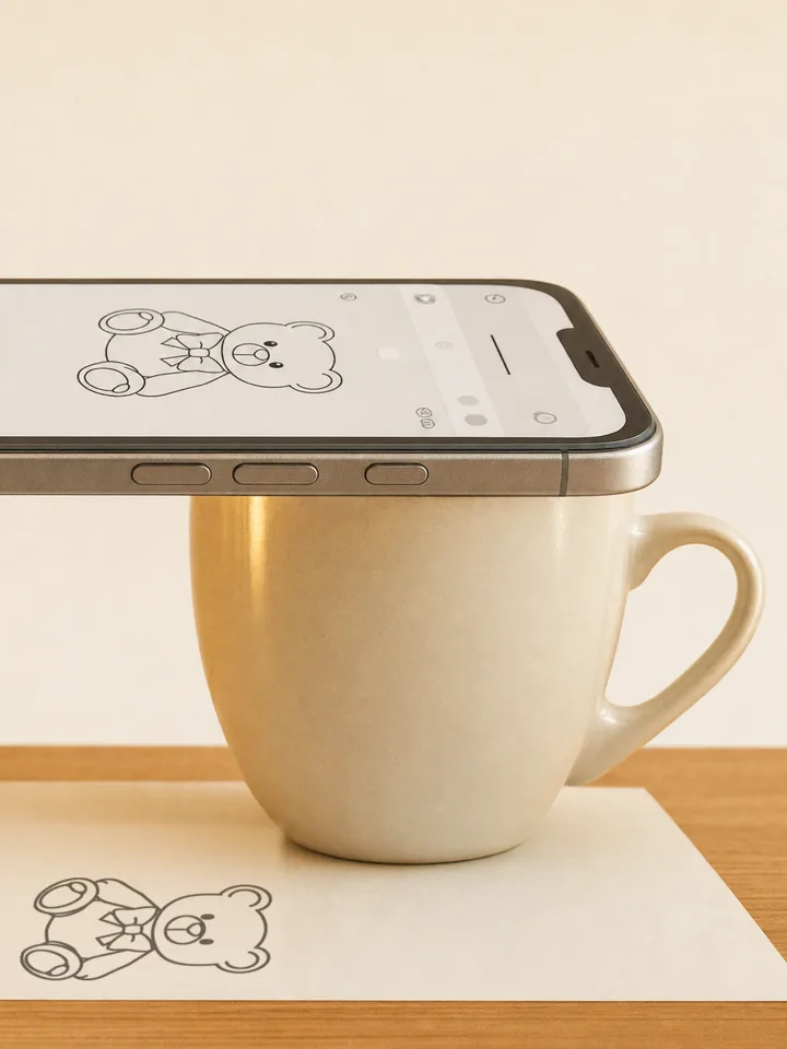 A phone resting flat on a mug above a sheet of paper, its screen showing the same teddy bear outline that is drawn on the paper below