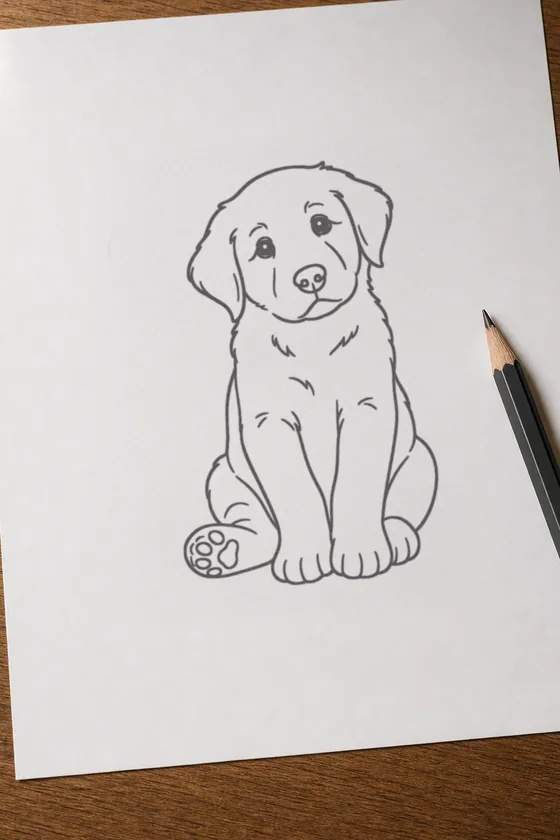 The same puppy outline traced in pencil on a sheet of paper