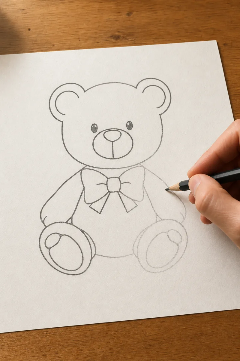 A hand finishing a pencil drawing of a teddy bear on paper
