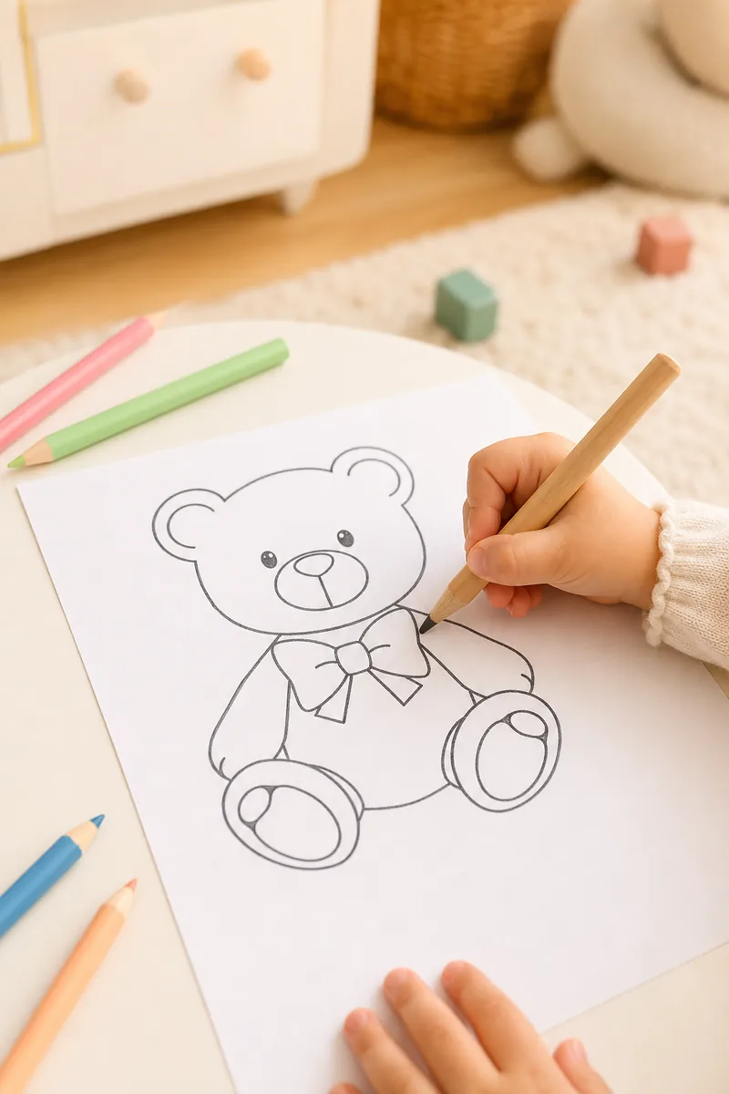 A child tracing a teddy bear with a coloured pencil